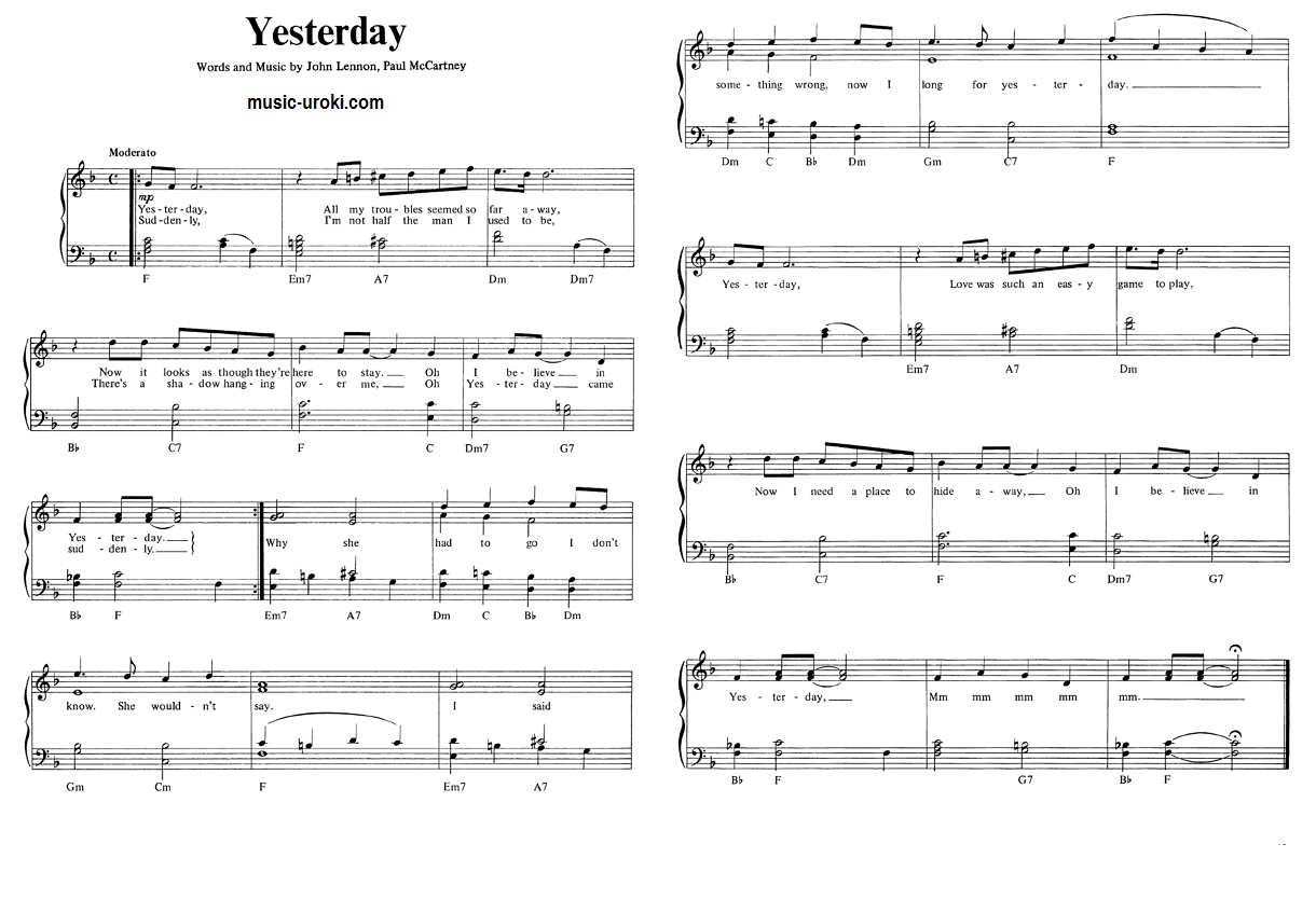 Ноты Для Пианино Песни The Beatles "Yesterday" / Битлз "Вчера"